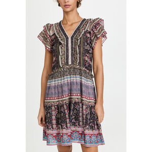 Sea Brooke Border Black Cotton Flutter Sleeve Dress Size S